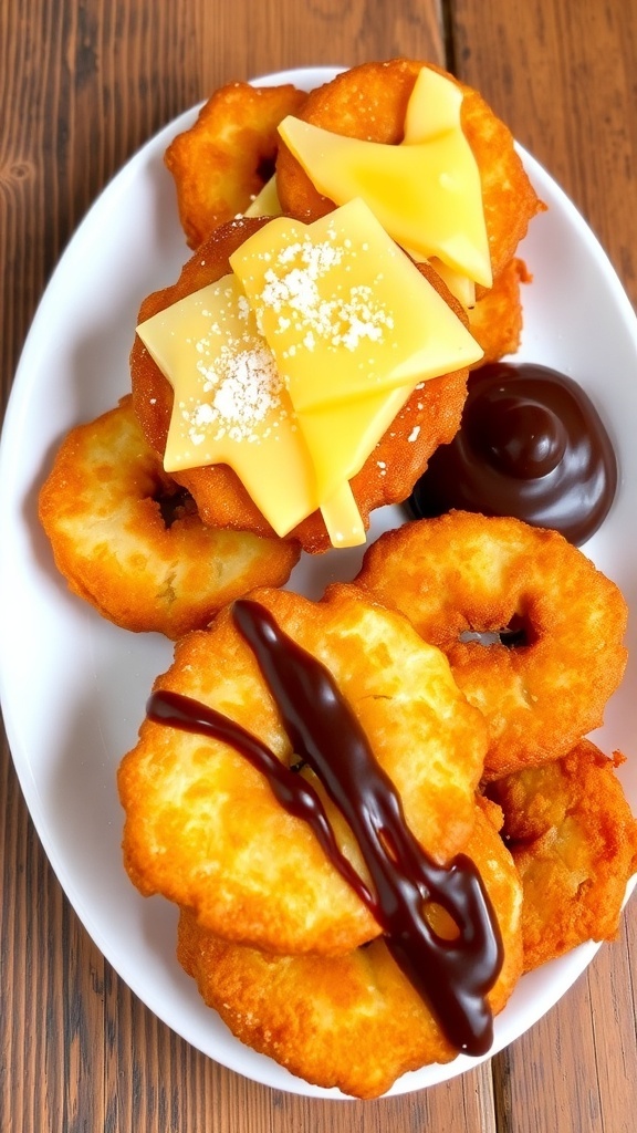 Crispy banana fritters with cheese and chocolate sauce on a rustic plate.